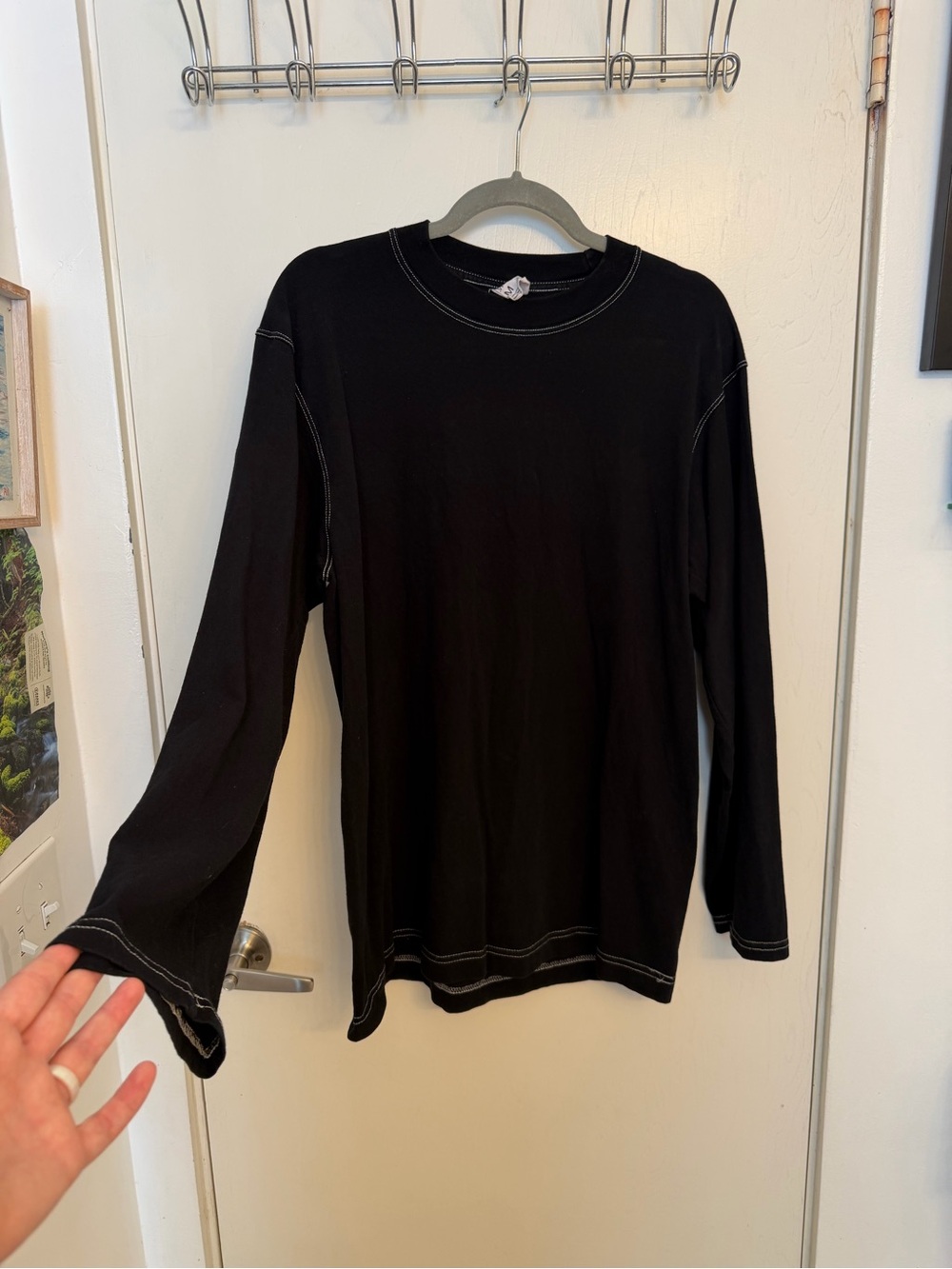 Women's Black Long-Sleeve Crewneck Top with Contrast Stitching